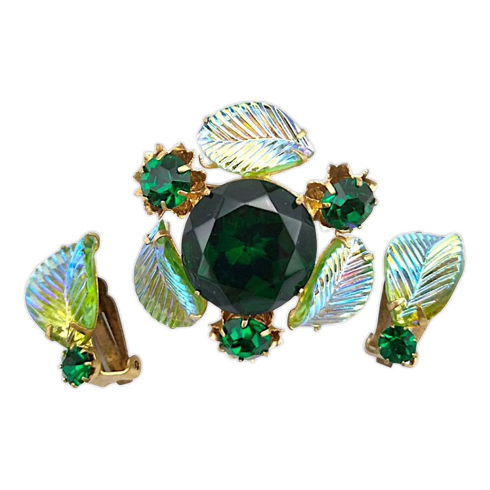 Vintage Austrian Emerald Green Rhinestone Brooch Earrings Set, AB Leaves!